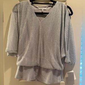 Chaus Women's Shimmer Silver Split Shoulder Blouse S NWT